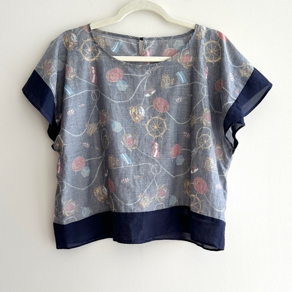 Eveve Nautical Print Blouse, Coastal Grandma Preppy Blouse, Navy Blue, Medium - Picture 2 of 15
